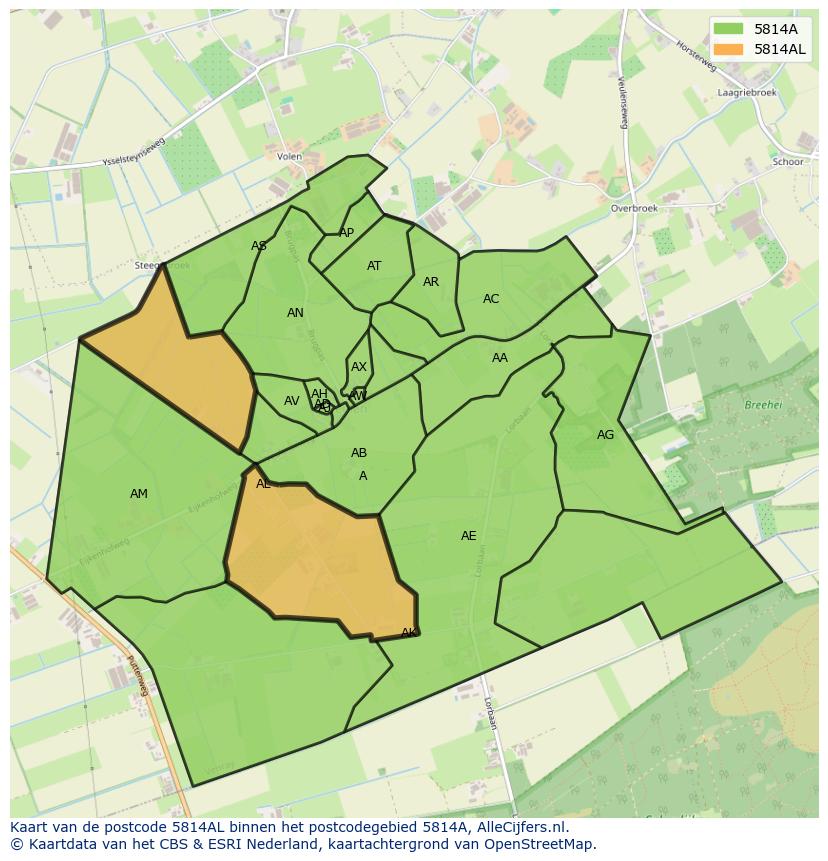 Afbeelding van het postcodegebied 5814 AL op de kaart.