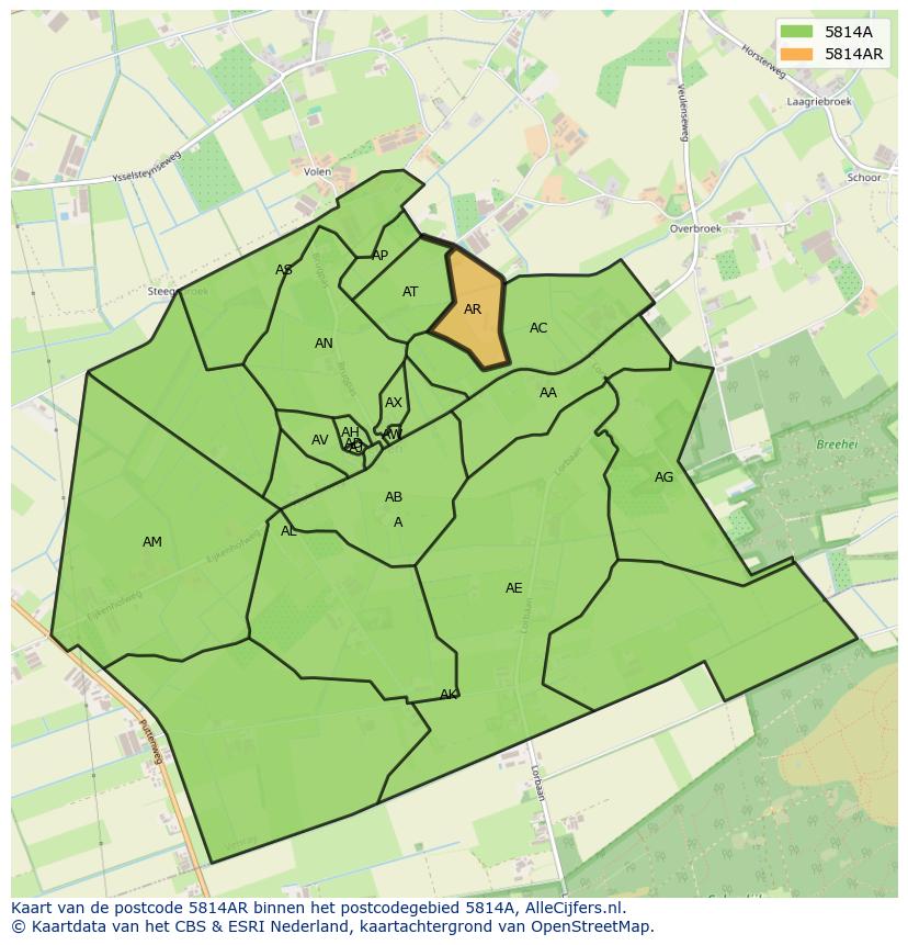 Afbeelding van het postcodegebied 5814 AR op de kaart.