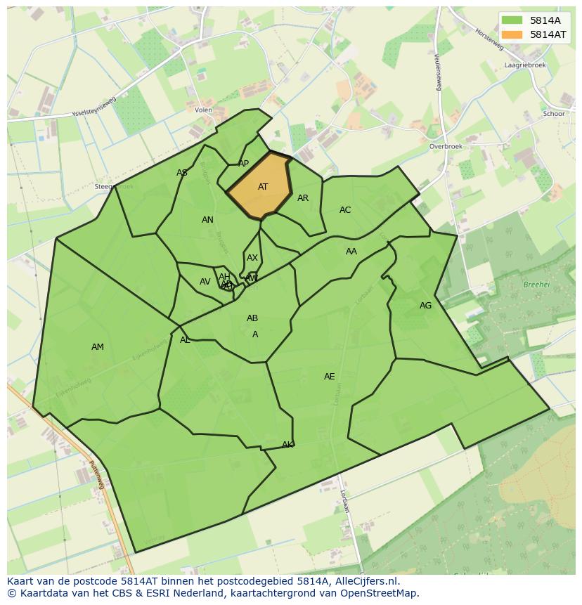 Afbeelding van het postcodegebied 5814 AT op de kaart.