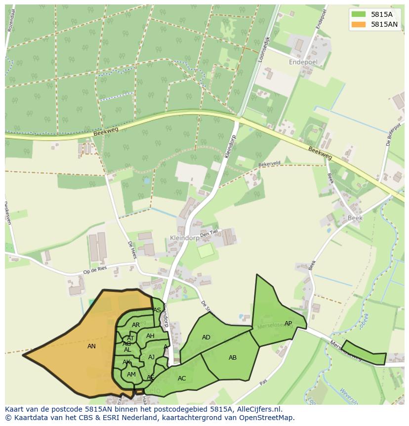 Afbeelding van het postcodegebied 5815 AN op de kaart.