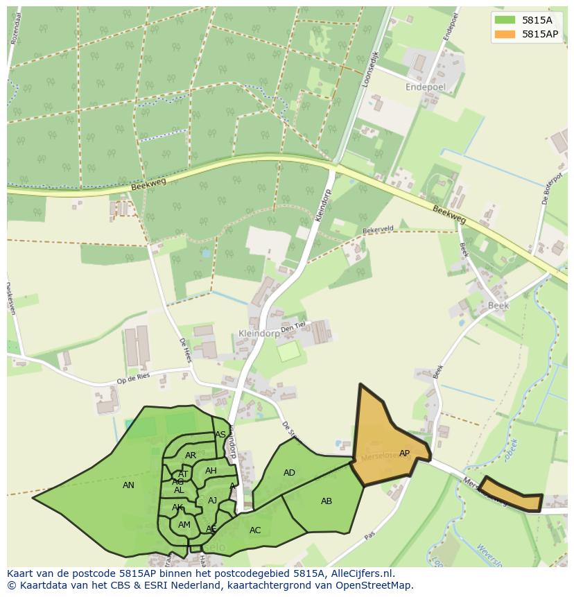 Afbeelding van het postcodegebied 5815 AP op de kaart.