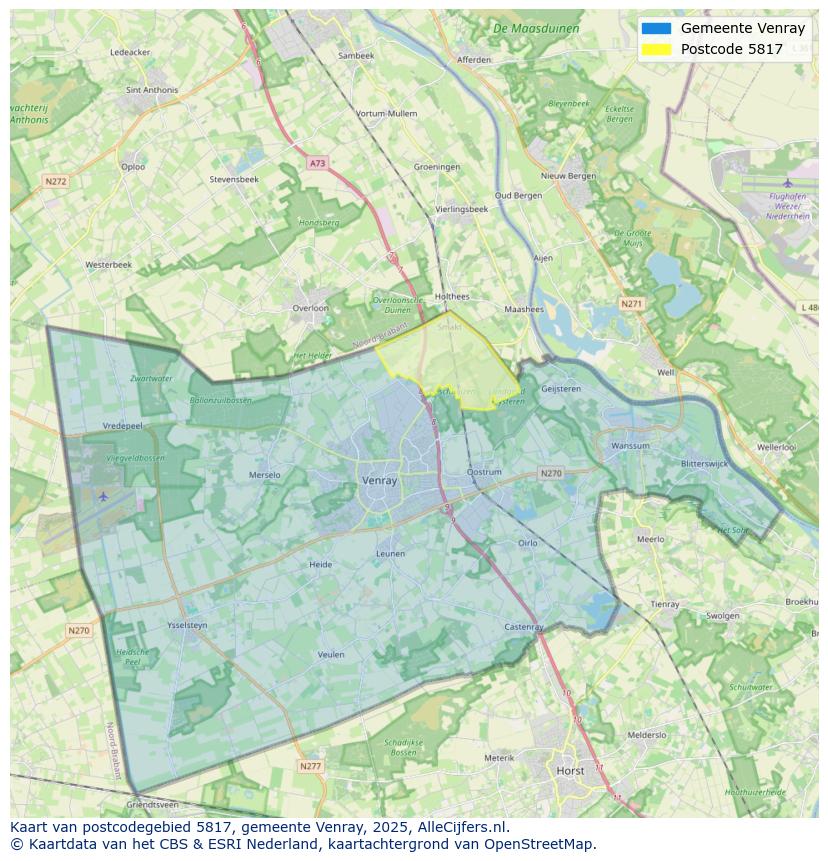 Afbeelding van het postcodegebied 5817 op de kaart.