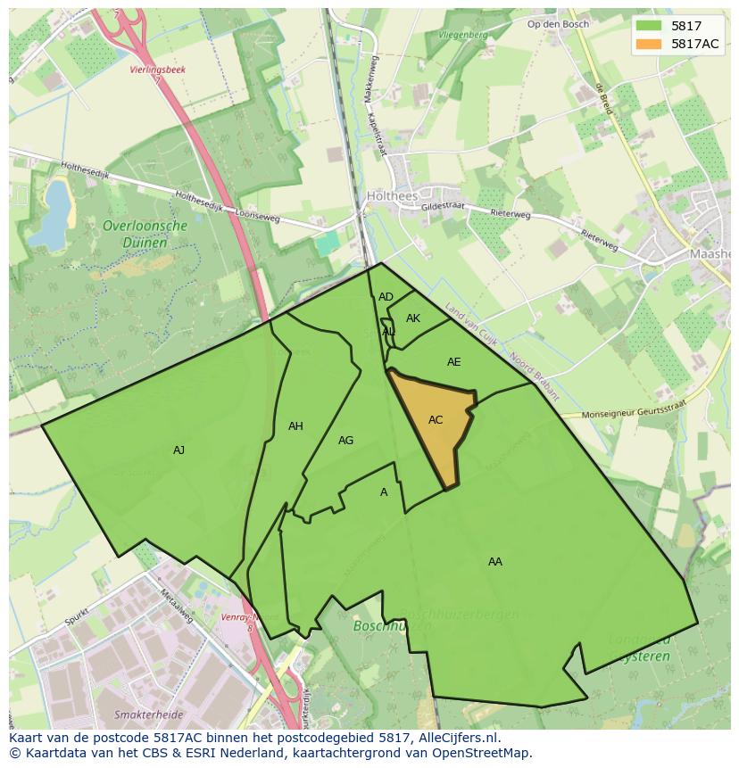 Afbeelding van het postcodegebied 5817 AC op de kaart.