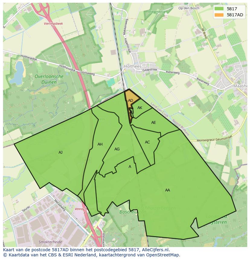 Afbeelding van het postcodegebied 5817 AD op de kaart.