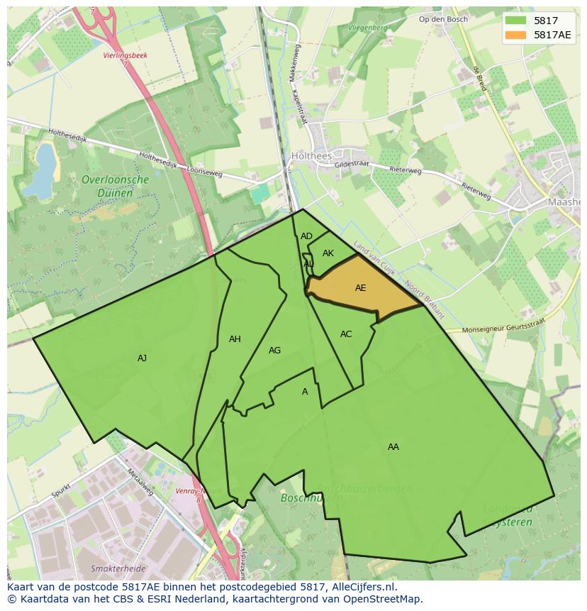 Afbeelding van het postcodegebied 5817 AE op de kaart.