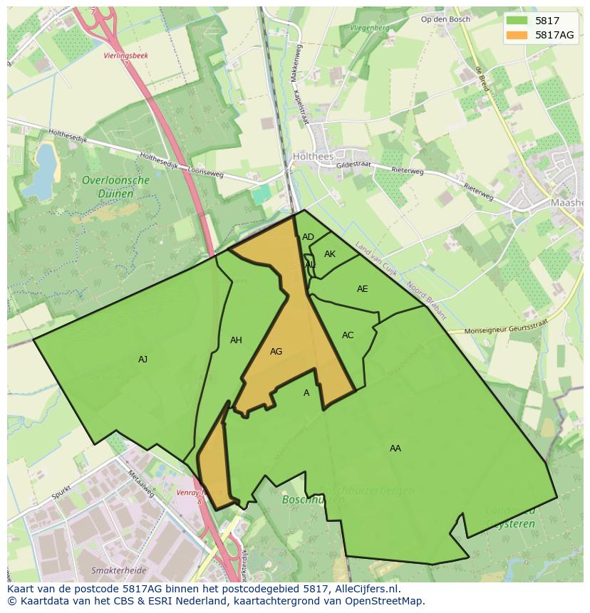 Afbeelding van het postcodegebied 5817 AG op de kaart.