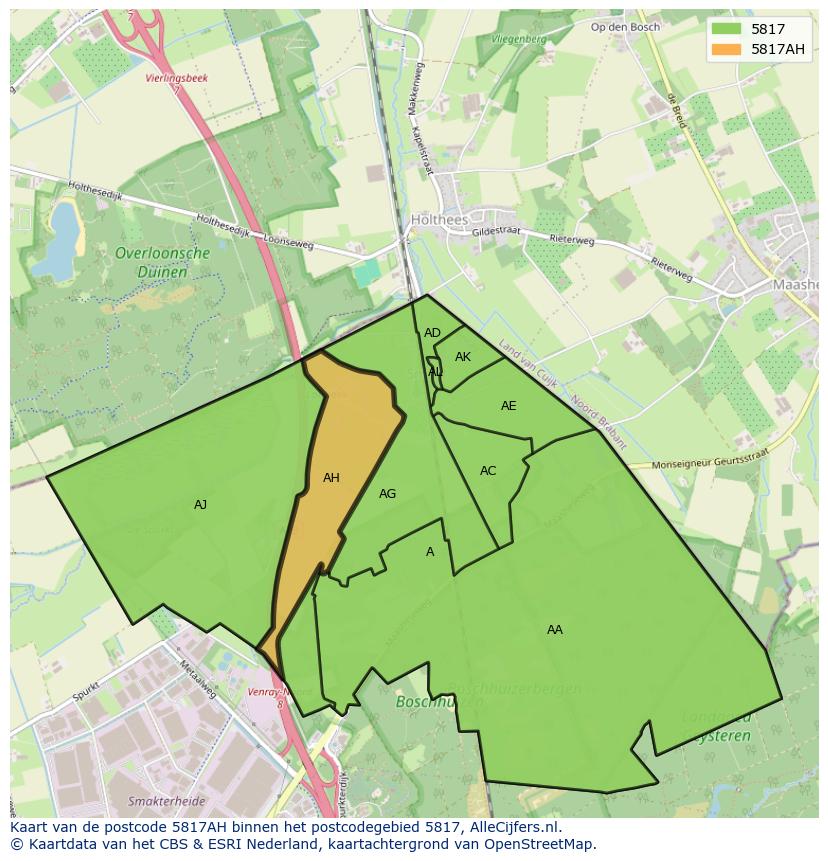 Afbeelding van het postcodegebied 5817 AH op de kaart.
