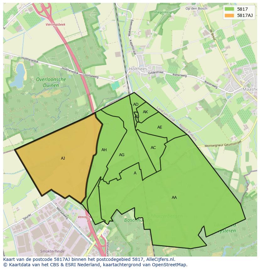 Afbeelding van het postcodegebied 5817 AJ op de kaart.