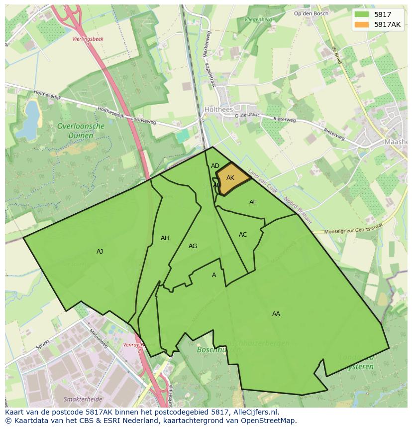 Afbeelding van het postcodegebied 5817 AK op de kaart.