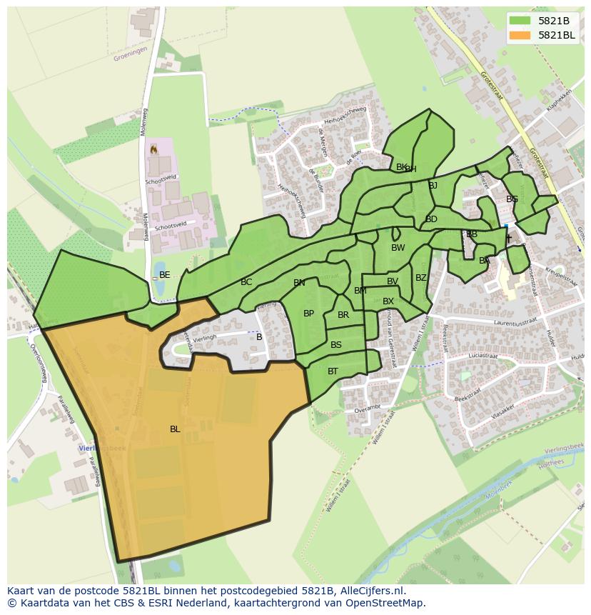 Afbeelding van het postcodegebied 5821 BL op de kaart.
