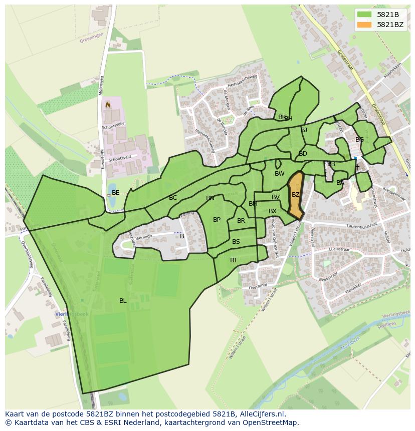 Afbeelding van het postcodegebied 5821 BZ op de kaart.