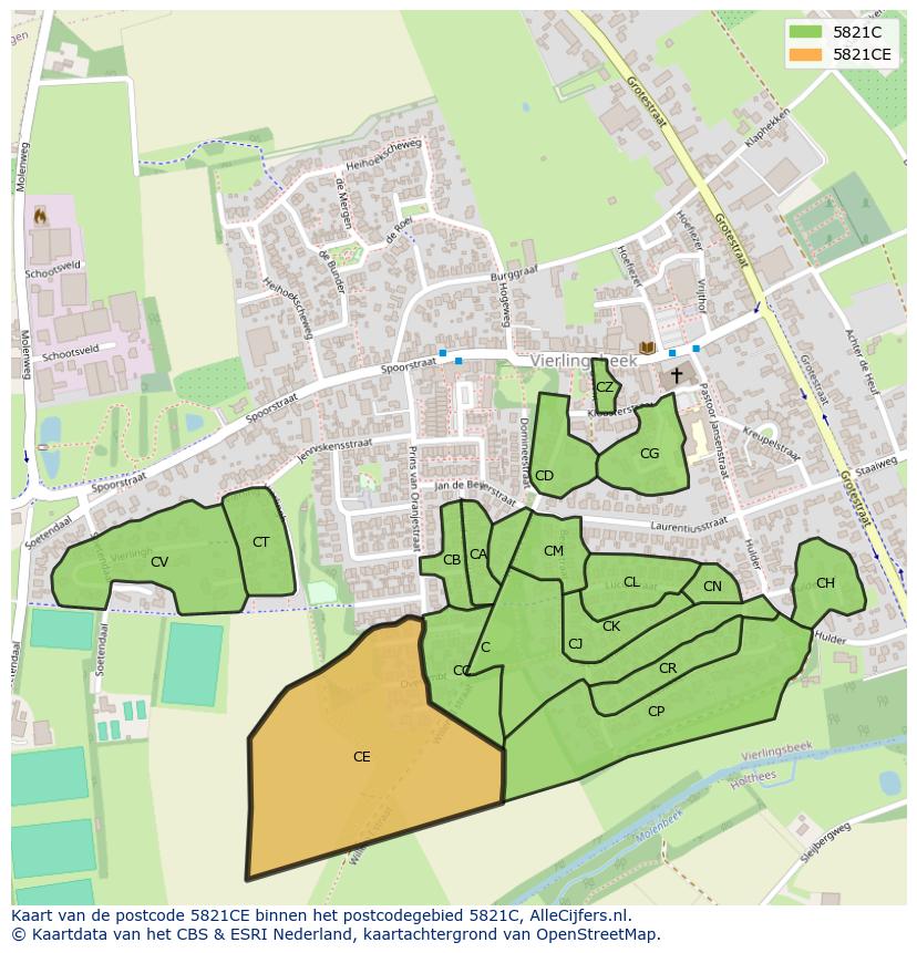 Afbeelding van het postcodegebied 5821 CE op de kaart.