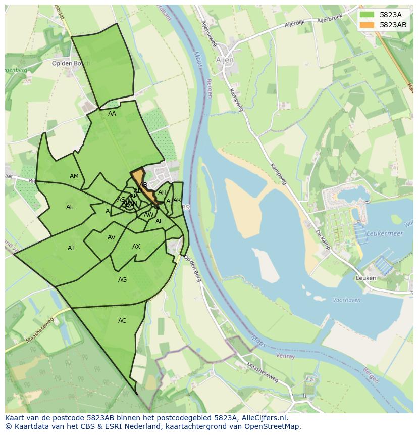 Afbeelding van het postcodegebied 5823 AB op de kaart.