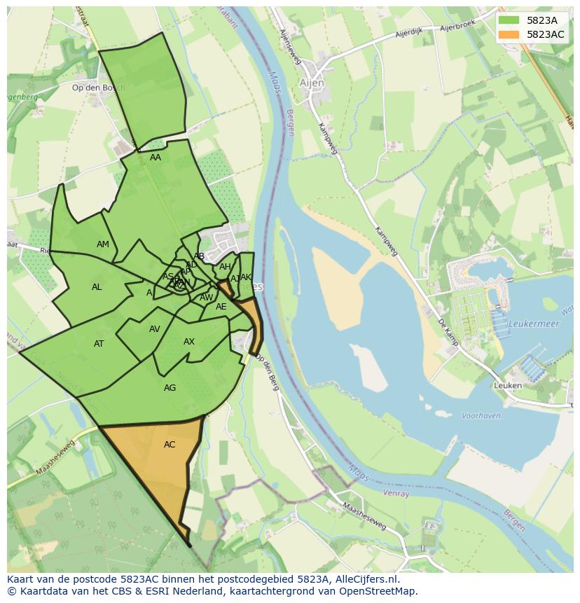 Afbeelding van het postcodegebied 5823 AC op de kaart.