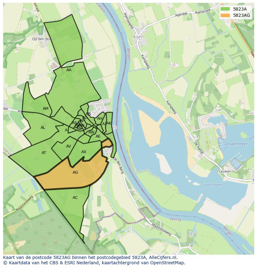 Afbeelding van het postcodegebied 5823 AG op de kaart.