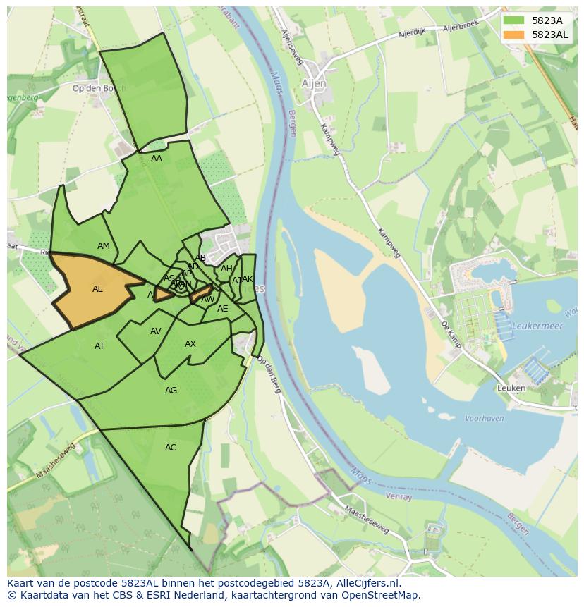 Afbeelding van het postcodegebied 5823 AL op de kaart.