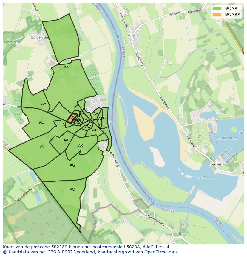 Afbeelding van het postcodegebied 5823 AS op de kaart.