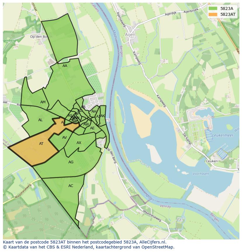 Afbeelding van het postcodegebied 5823 AT op de kaart.