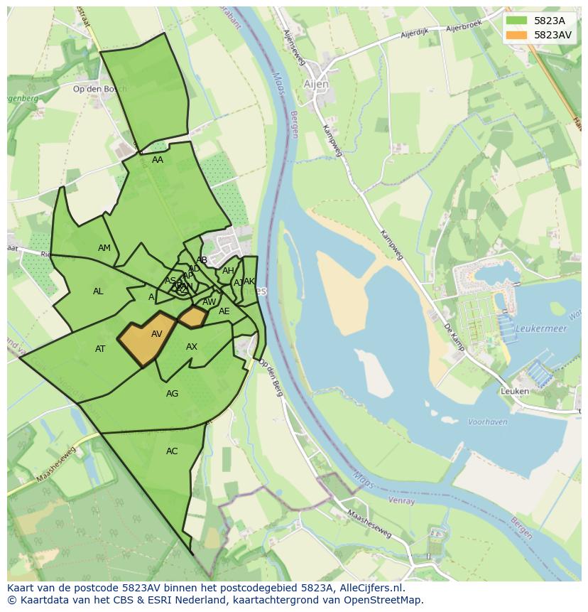 Afbeelding van het postcodegebied 5823 AV op de kaart.