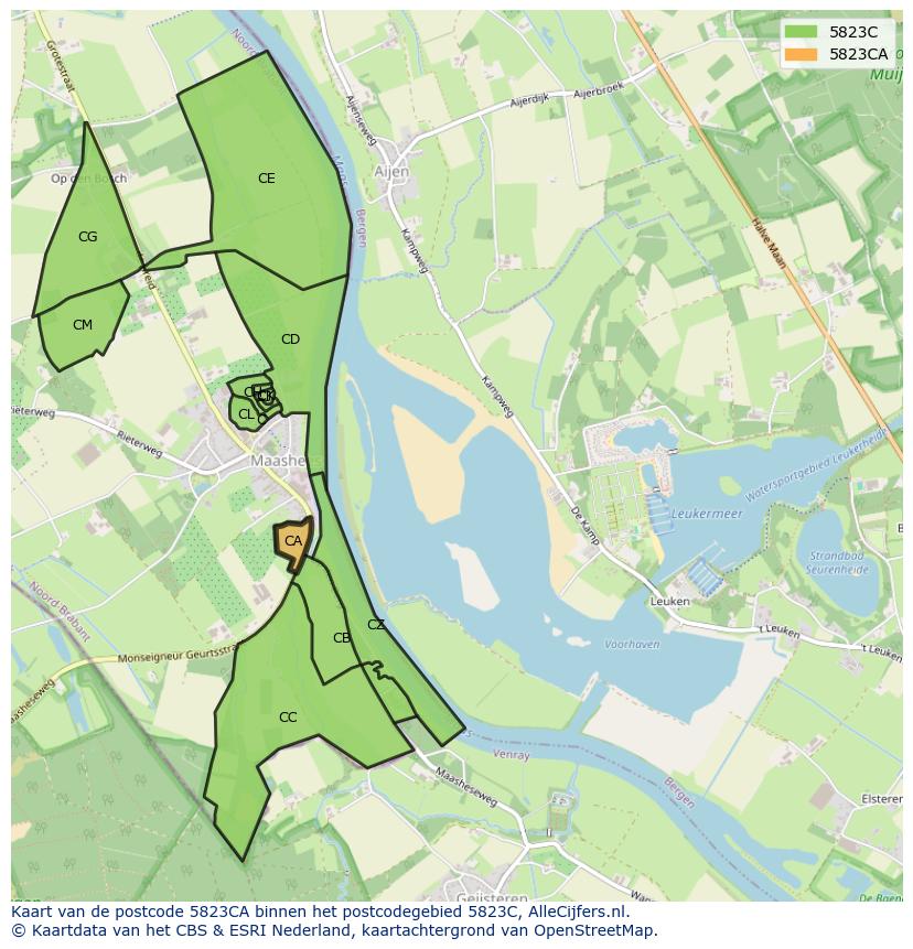 Afbeelding van het postcodegebied 5823 CA op de kaart.