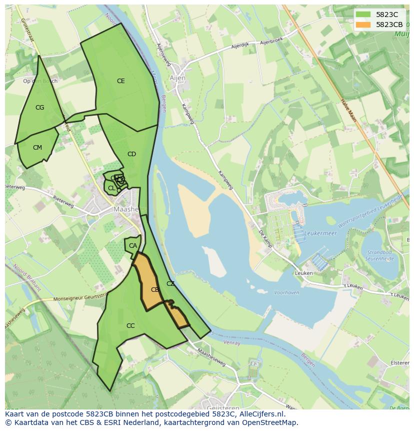Afbeelding van het postcodegebied 5823 CB op de kaart.