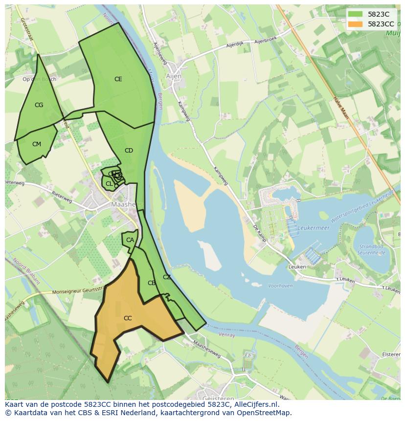 Afbeelding van het postcodegebied 5823 CC op de kaart.