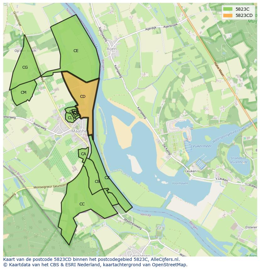 Afbeelding van het postcodegebied 5823 CD op de kaart.
