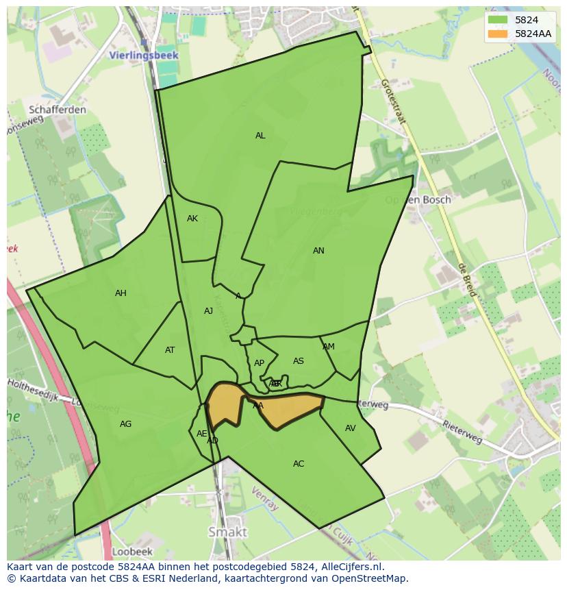 Afbeelding van het postcodegebied 5824 AA op de kaart.