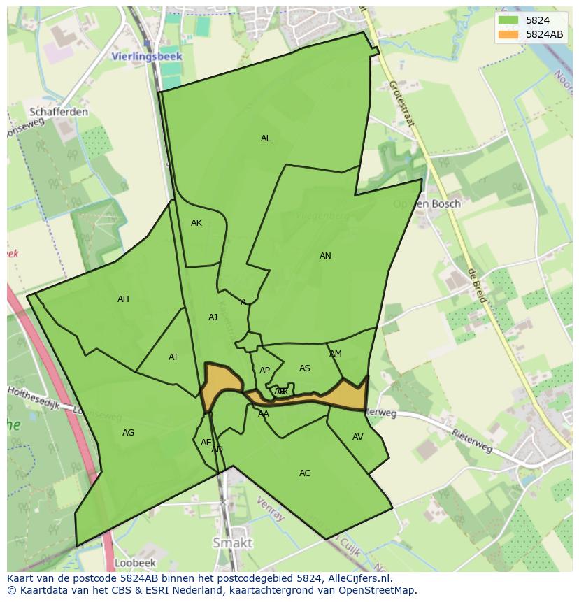 Afbeelding van het postcodegebied 5824 AB op de kaart.