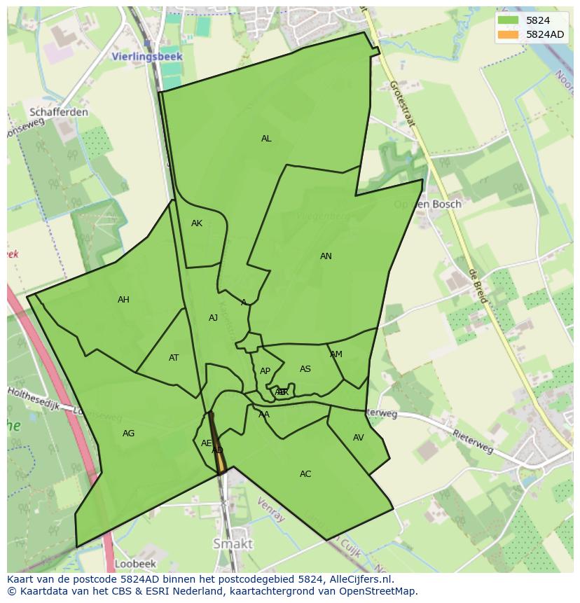Afbeelding van het postcodegebied 5824 AD op de kaart.