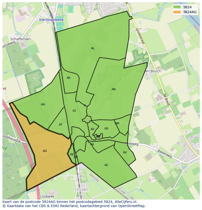 Afbeelding van het postcodegebied 5824 AG op de kaart.