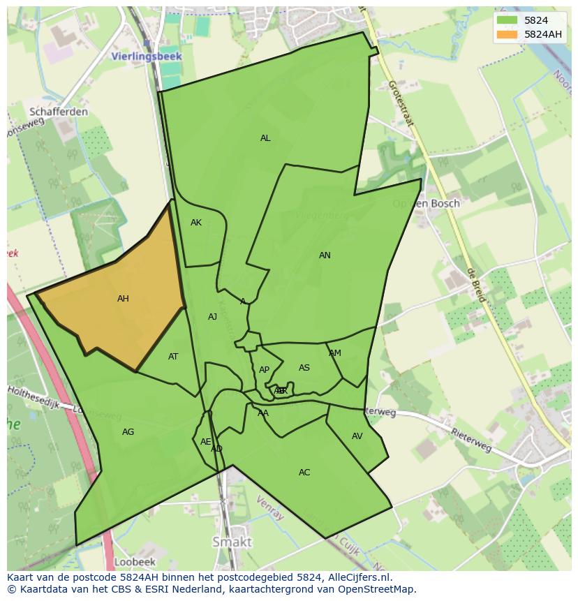 Afbeelding van het postcodegebied 5824 AH op de kaart.