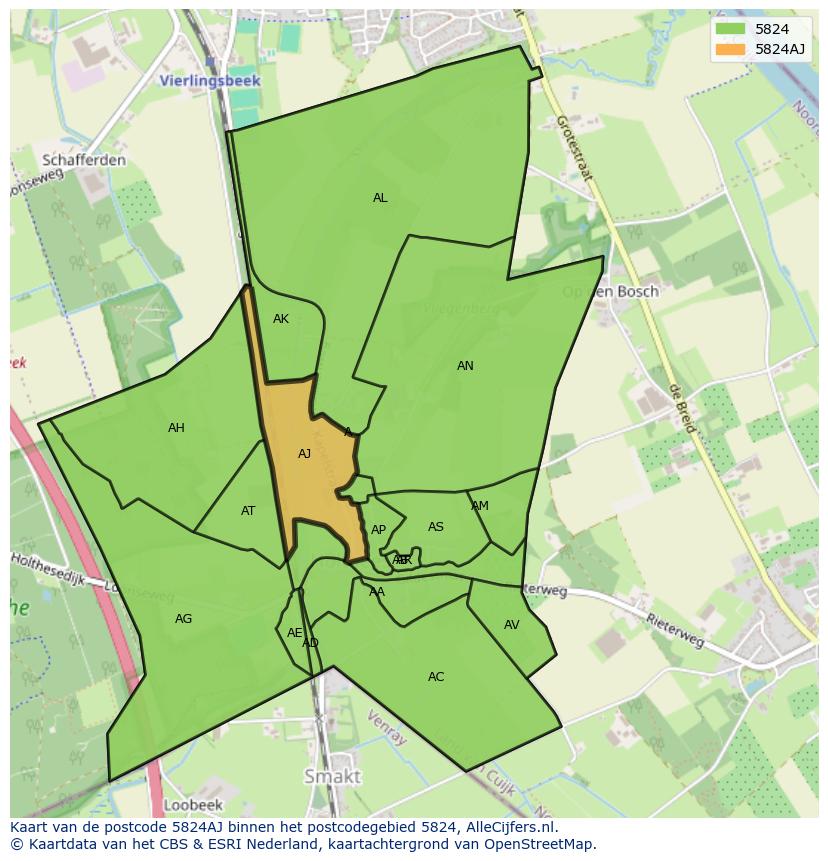 Afbeelding van het postcodegebied 5824 AJ op de kaart.
