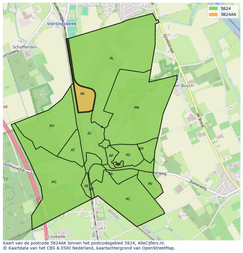 Afbeelding van het postcodegebied 5824 AK op de kaart.