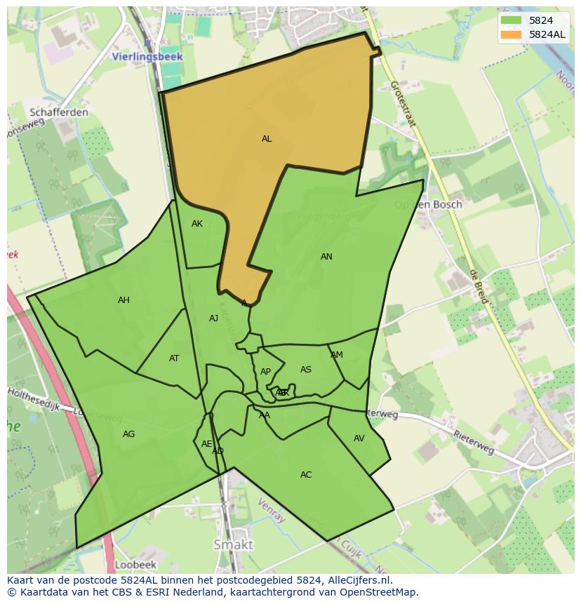 Afbeelding van het postcodegebied 5824 AL op de kaart.