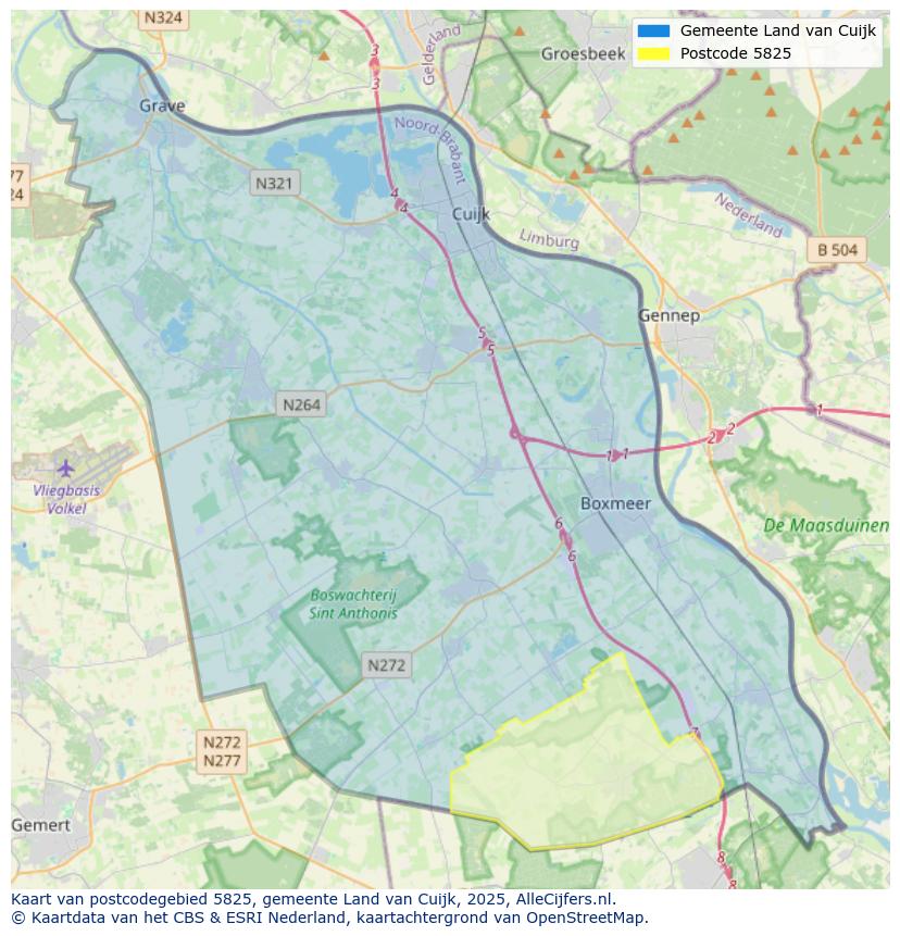 Afbeelding van het postcodegebied 5825 op de kaart.