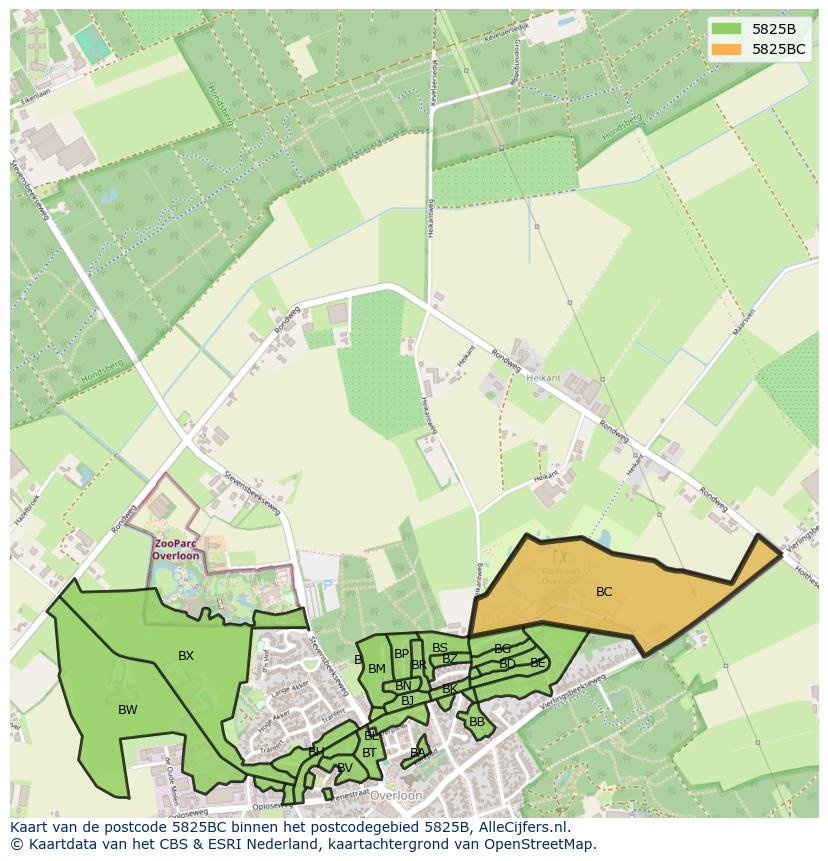 Afbeelding van het postcodegebied 5825 BC op de kaart.