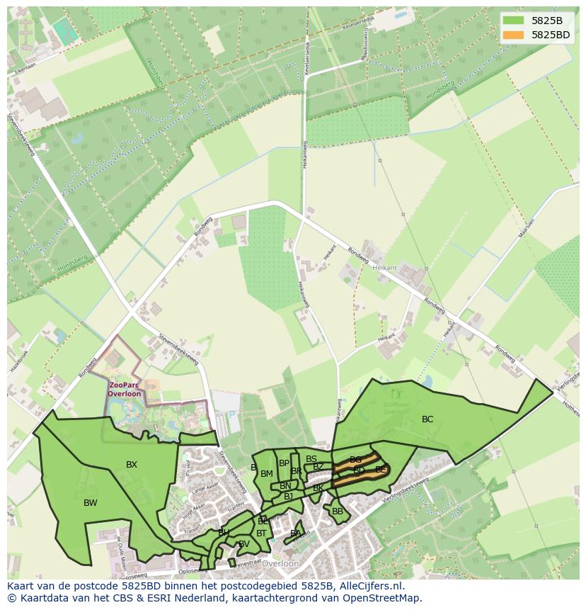Afbeelding van het postcodegebied 5825 BD op de kaart.