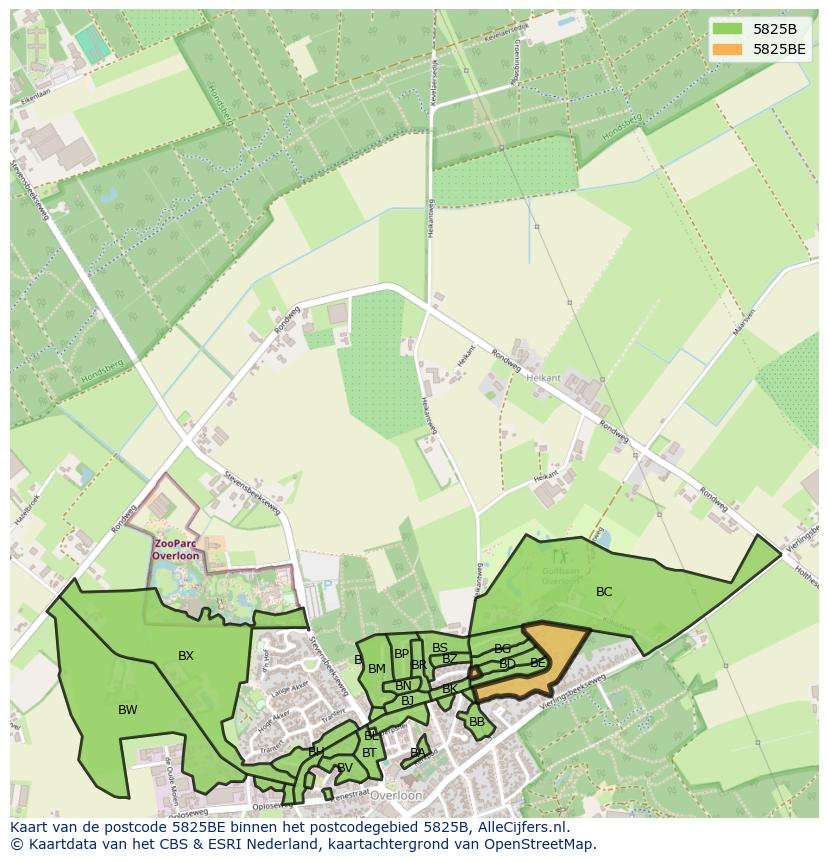 Afbeelding van het postcodegebied 5825 BE op de kaart.