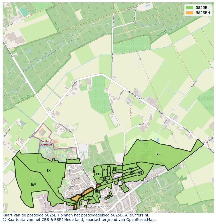 Afbeelding van het postcodegebied 5825 BH op de kaart.