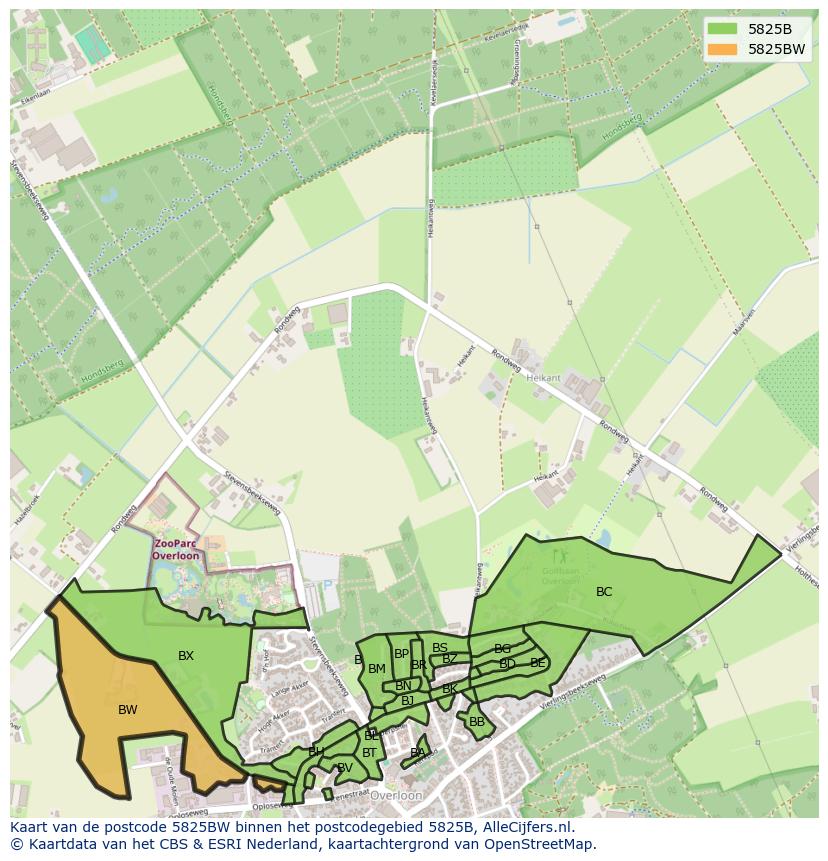 Afbeelding van het postcodegebied 5825 BW op de kaart.