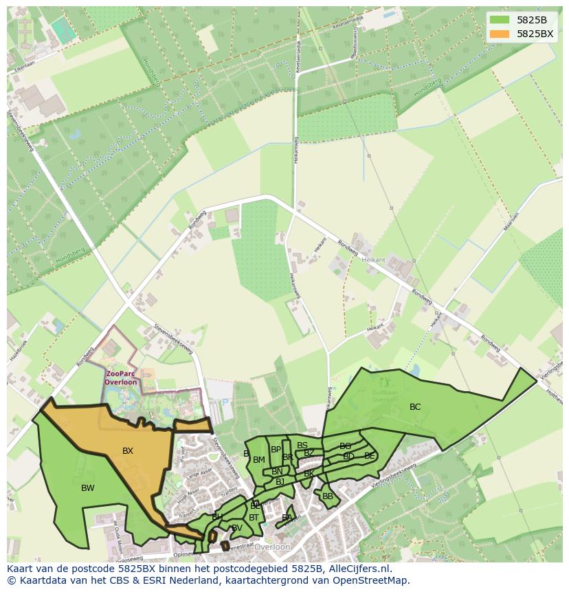 Afbeelding van het postcodegebied 5825 BX op de kaart.