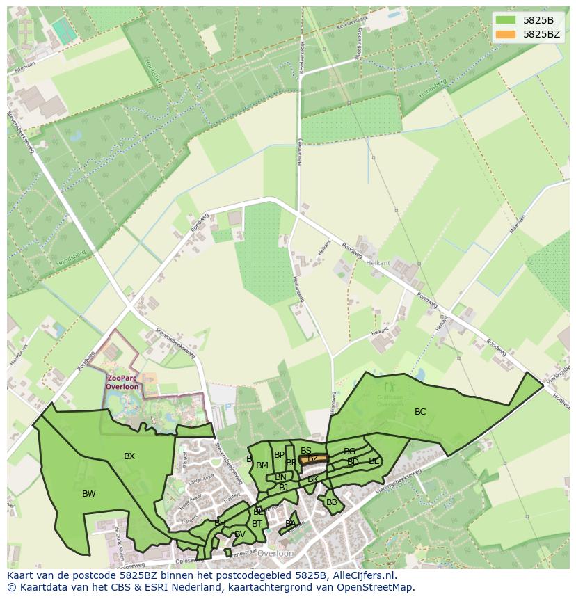 Afbeelding van het postcodegebied 5825 BZ op de kaart.