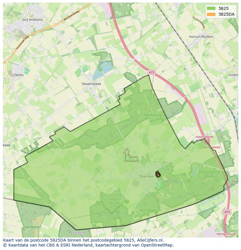 Afbeelding van het postcodegebied 5825 DA op de kaart.