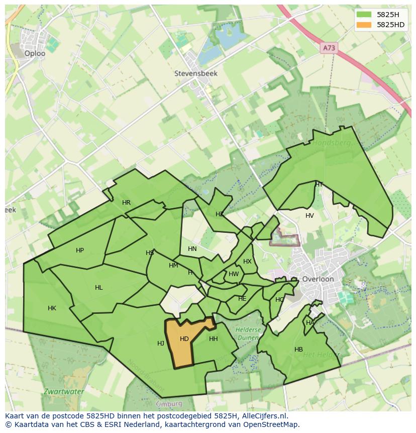 Afbeelding van het postcodegebied 5825 HD op de kaart.