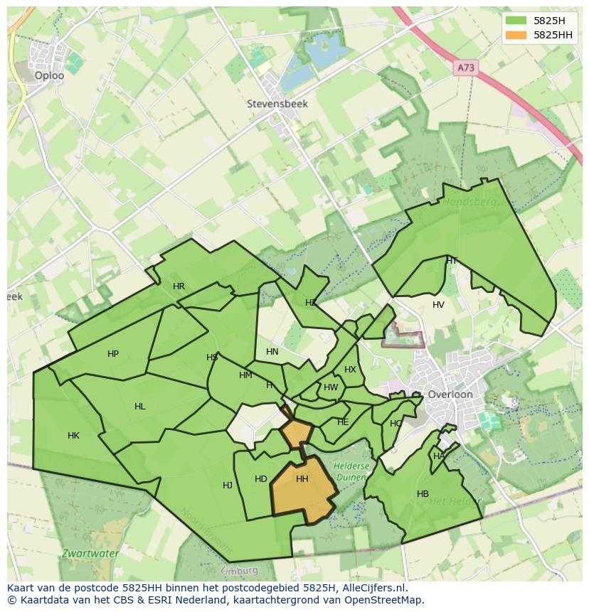 Afbeelding van het postcodegebied 5825 HH op de kaart.