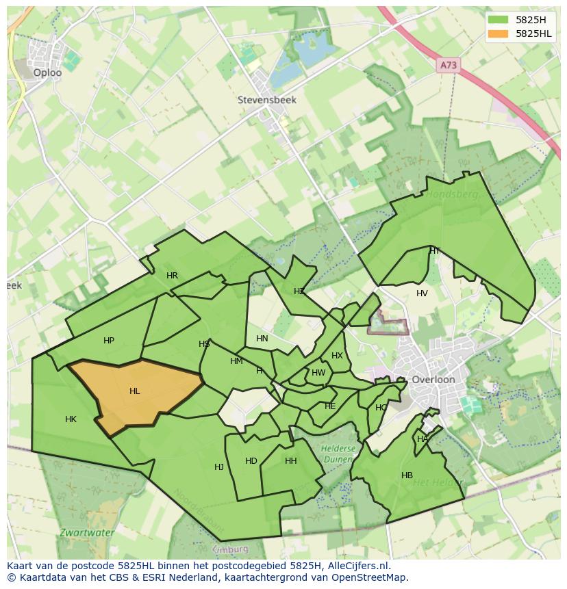 Afbeelding van het postcodegebied 5825 HL op de kaart.