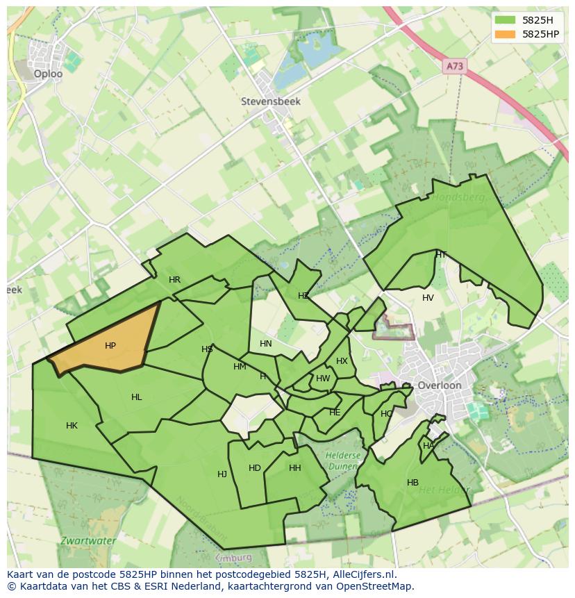 Afbeelding van het postcodegebied 5825 HP op de kaart.