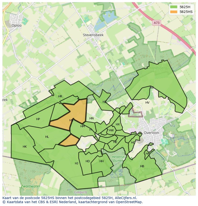 Afbeelding van het postcodegebied 5825 HS op de kaart.