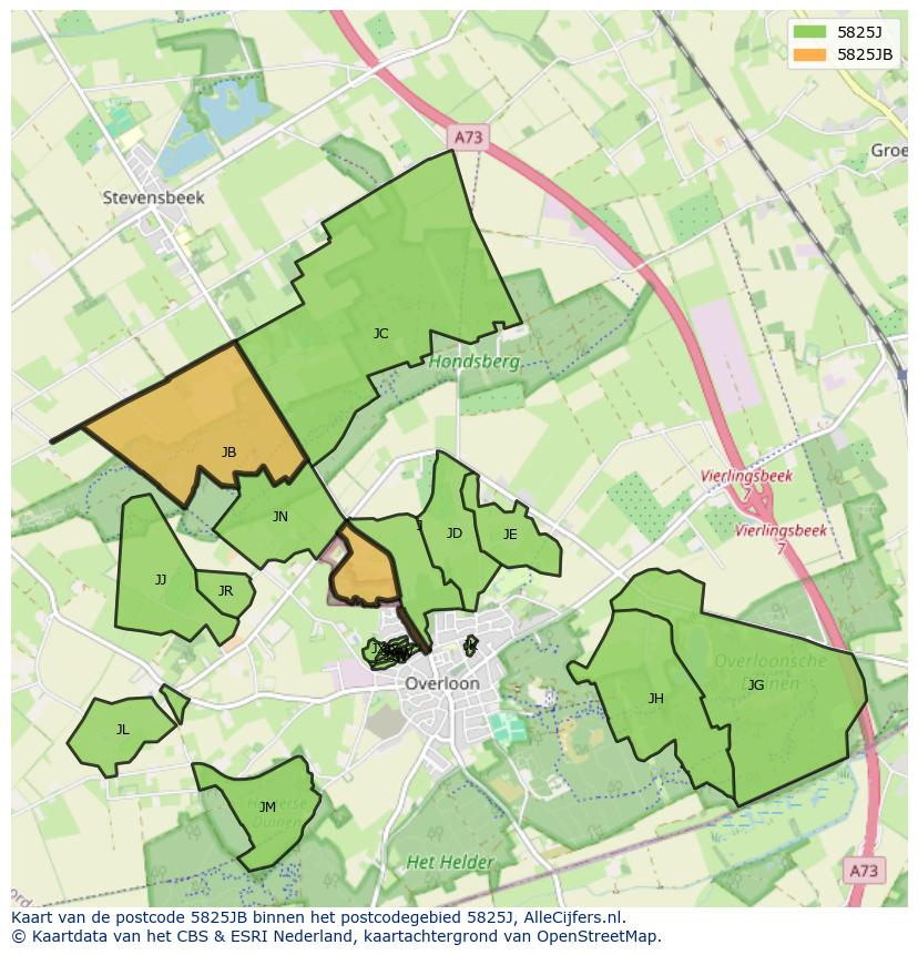 Afbeelding van het postcodegebied 5825 JB op de kaart.